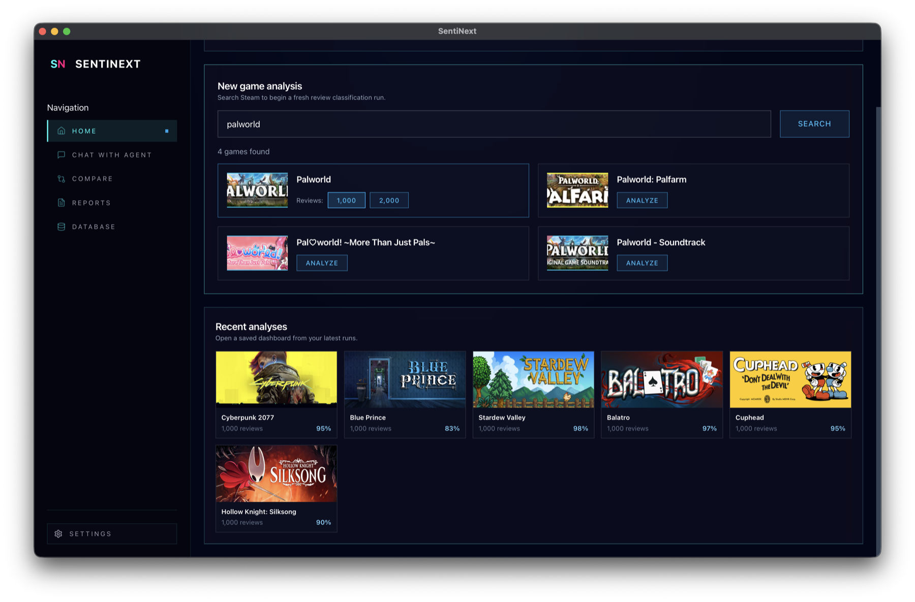 SentiNext home screen with Steam game search and recent analyses